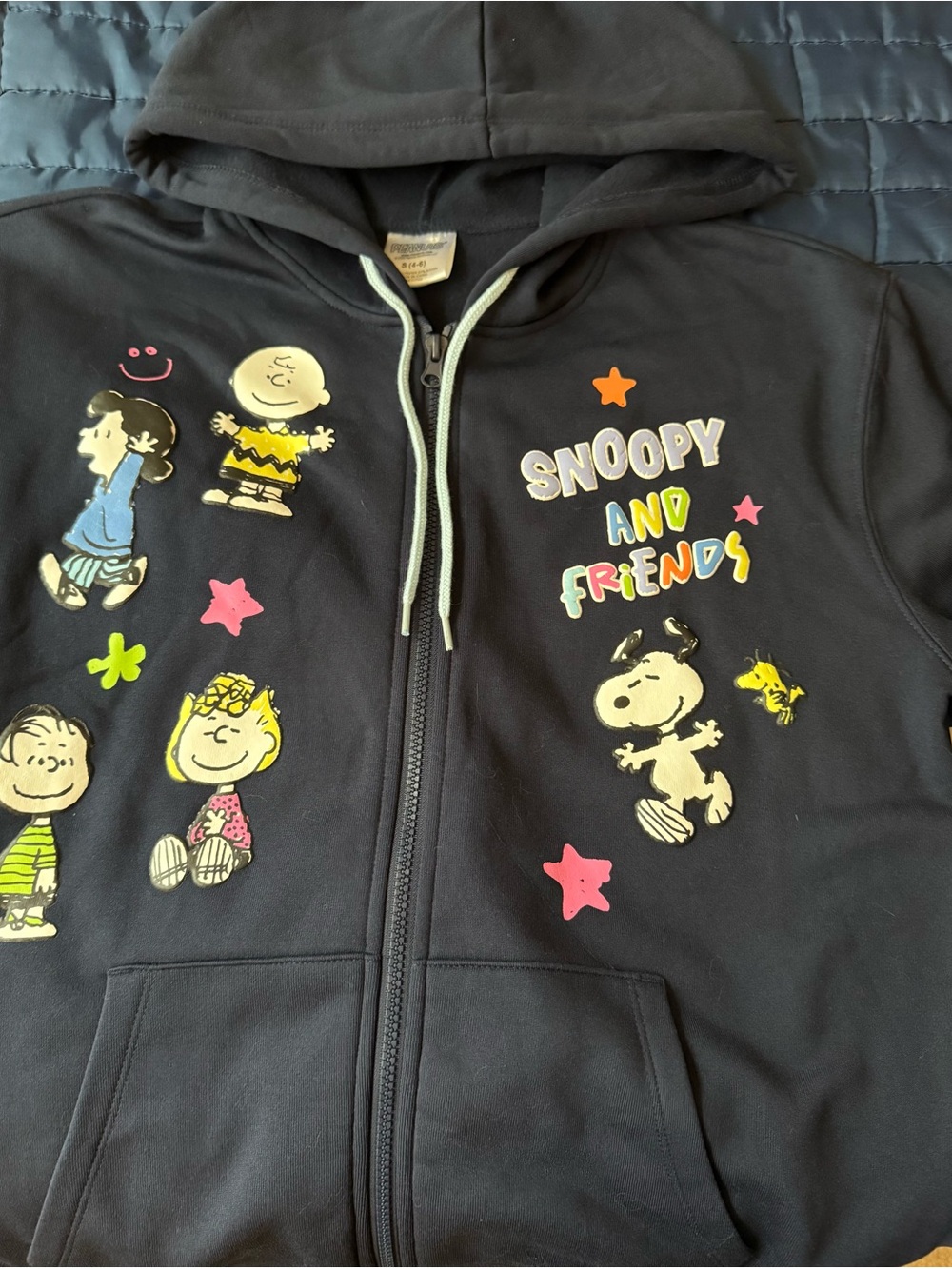 Peanuts Navy blue Kids Zip-Up Hoodie with Colorful Character Prints unisex sz. S